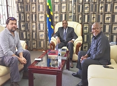 In the Picture: H. E. Ambassador Mashiba (Middle) posed for a photo with Mr Carlos Almeida, Managing Director for Almeida Transport - Malawi (on his Right) and Mr. Andrew Mpembo Nyirenda (on his Left).