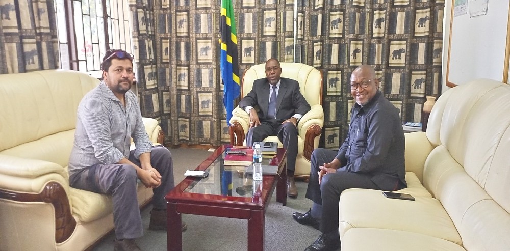 In the Picture: H. E. Ambassador Mashiba (Middle) posed for a photo with Mr Carlos Almeida, Managing Director for Almeida Transport - Malawi (on his Right) and Mr. Andrew Mpembo Nyirenda (on his Left).